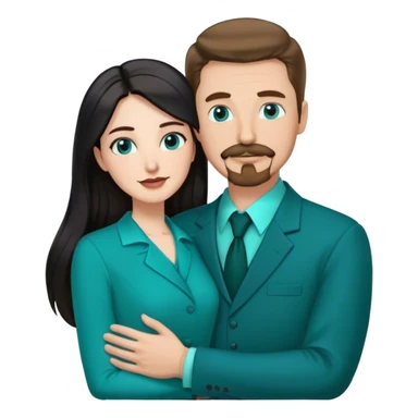 tall white man with brown hair goatee mustache hugging a pale woman with long black hair, wearing teal formal clothing sticker