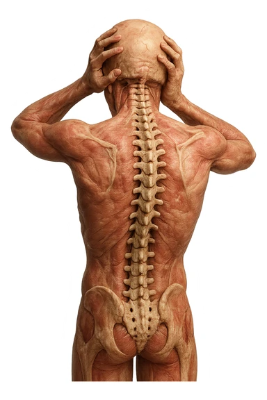 CORPO UMANO ANATOMICO con spina dorsale in evidenza, molto stanca e stressata mentre si tiene le mani sulla testa, IPERREALISTICO 4K sticker