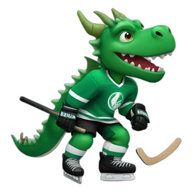 green dragon wearing a black ice hockey jersey playing ice hockey sticker