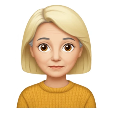 Rea emoji bionda di 70 anni occhi castani sopracciglia nere faccia più paffutella e maglione grigio ma le sopracciglia nere sticker