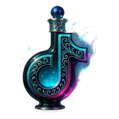 modernus prabangus eliksyro buteliukas, TikTok logotipo forma, juoda, žydra ir rožinė spalvos, holografiniai ir sidabriniai ornamentai, stiprūs magiški švytėjimai ir efektai, labai mažas kaklelis, skaidrus fonas, vientisas dugnas, be šešėlio, plūduriuoja ore, kolekcijos stilius sticker