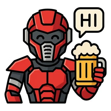 Sector from Mortal Kombat, robotic cyborg with red and silver armor, holding a beer mug, cheerful expression, speech bubble saying 'HI' sticker