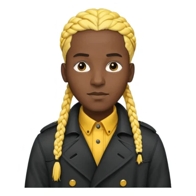 black fat man with yellow braids wearing a black trench coat, working coat check sticker