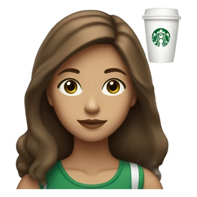 A girl with brown hair and green eyes with a Starbucks cup sticker