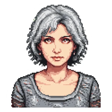 close-up of a 50-year-old woman with gray and black hair, neutral expression, pixel art style sticker