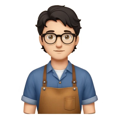 Young caucasian man with black wavy hair, round glasses, brown carpentry apron over a shirt, woodworker sticker