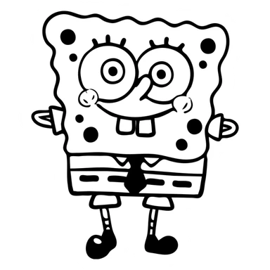 SpongeBob SquarePants, yellow square sponge character with big eyes, gap-toothed smile, wearing brown square pants, white shirt with red tie sticker