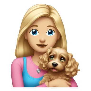 White dark blond girl with long hair and blue eyes wearing a pink shirt and hugging a cavapoo dog sticker