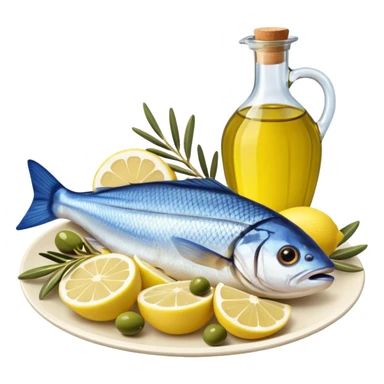 Mediterranean cuisine humanless avatar in clean emoji-style illustration. Olive oil, fish, lemon, blue and sunny colors, light and fresh mood, flat design, high contrast. sticker