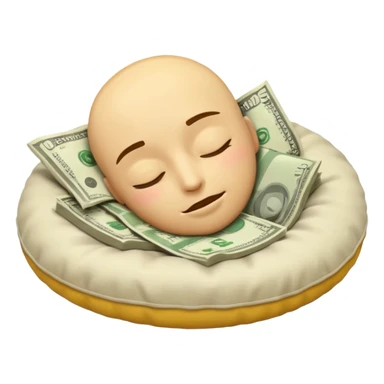 a round yellow IOS style emoji of a face sleeping on a pillow of money sticker
