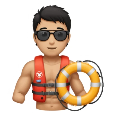Dark Tan Muscular lifeguard with messy black hair with sunglasses, with life preserver sticker
