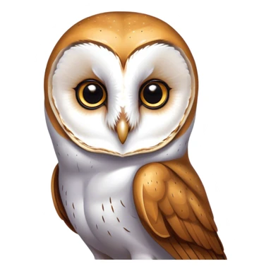 Cinematic Noble Barn Owl Portrait Emoji, Poised and regal, with a slender, graceful build and a striking mottled plumage of whites and browns, deep-set soulful amber eyes, Simplified yet sharp and sophisticated features, highly detailed, glowing with a soft, dignified glow, high shine, intelligent and mysterious, stylized with an air of nocturnal wisdom, focused and attentive, soft glowing outline, capturing the essence of a watchful and confident fowl, so majestic it feels as though it could silently glide out of the screen with effortless authority! sticker