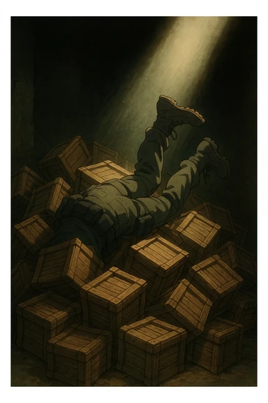 A pile of small oblong crates hidden in a dark area with a beam of light shining from above, with someone’s boots sticking out like they dove in, tactical gear clothing  sticker