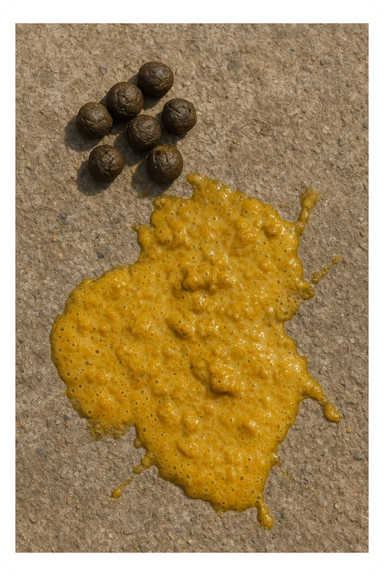 feci di animale a palline viste dall'alto e feci di animale liquide e gialline viste dall'alto, iperrealistico 4k sticker