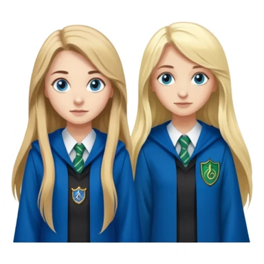 a pretty ravenclaw girl with long brown hair and blue eyes standing with a hot Slytherin girl with long blonde hair, blue eyes sticker