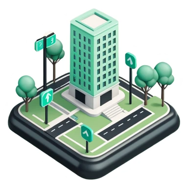 Domanilité Publique (Public Domain), 3D techy icon with black and mint green (#B5F4D3) color scheme, public land with property markers sticker