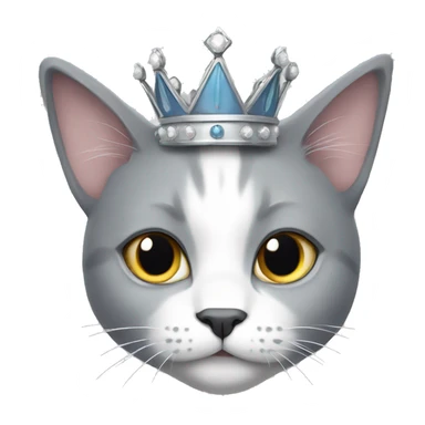 Grey and white cat wearing a crown sticker
