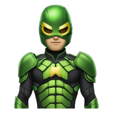 A superhero wearing an armored green and black suit inspired by Kick Ass and the Dragon Fly from super hero movie, the suit has a yellow M shaped emblem in the middle of the chest sticker