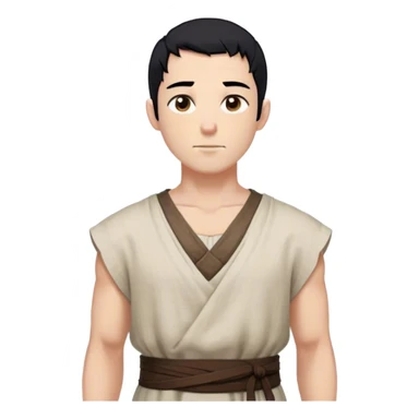 medieval summer outfit worn by a DnD themed fantasy male character. sleeveless peasant-style tunic made of coarse linen, slightly oversized. clothes only above the waist. The clothes full waist. The character's haven't arms. character is white-skinned, black hair, brown eyes, shaved head. sticker