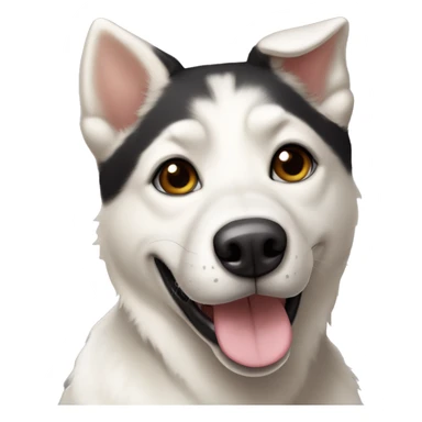 white husky-lab mix dog with black and tan and brown around his eyes and black/tan ears smiling with tongue out sticker