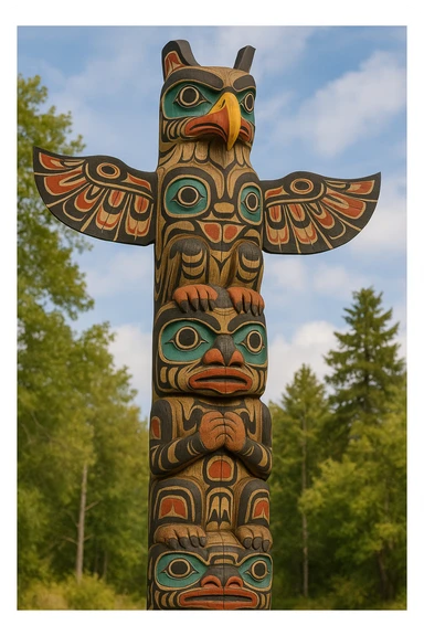 A detailed image of a traditional Pacific Northwest Native American totem pole carved from a tall wooden log. The pole features intricate woodcarvings of stacked animal figures, with a prominent eagle at the top symbolizing strength and spirituality. Bold tribal patterns with geometric and organic motifs are painted in vibrant red, black, white, and blue. The design reflects indigenous artistry, with stylized animal features such as curved beaks and large eyes, and ornamental details. The totem pole stands as a cultural monument, embodying tribal heritage, ancestral legacy, and spiritual symbolism, set against a natural background to highlight its connection to nature and Totemism. sticker