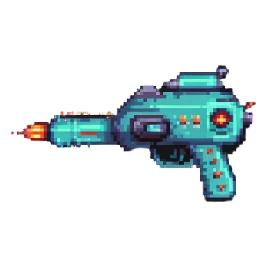 retro sci-fi ray gun in pixel art style sticker
