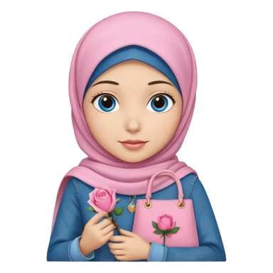 Turkish beautiful finish Konya girl blue eyes with denim hijab islamic dress and had on her hand pink rose bag sticker