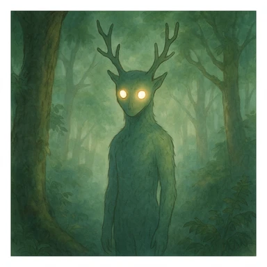 ghibli style forest spirit with glowing eyes, mystical, ethereal, soft lighting sticker