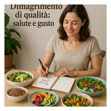 woman sitting at table with healthy and colorful dishes, smiling while consulting a food diary, atmosphere of balance and serenity, Italian text: 'Dimagrimento di qualità: salute e gusto', 4K quality sticker