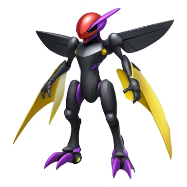 a shiny metallic black-purple-red-yellow Genesect-Flygon-Raptor-Fakémon-Medabot-hybrid with a futuristic visor-helmet full body sticker