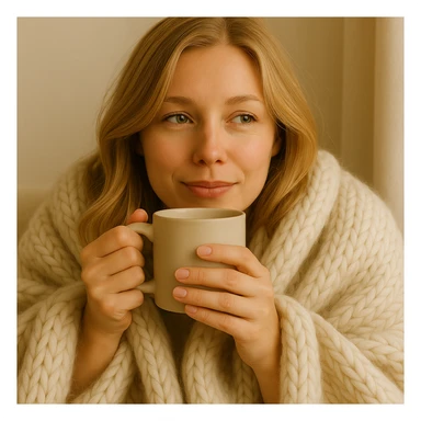 Show the blonde woman snuggled in a blanket, sipping coffee, with her eyes open, relaxed and content. Keep the cozy and serene vibe. sticker