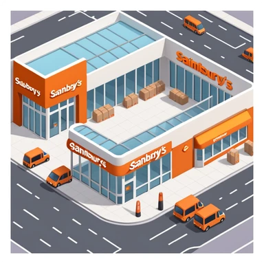 Isometric Sainsbury's store with distinctive orange logo, Argos section inside, self-checkout area visible through windows, and delivery vans sticker