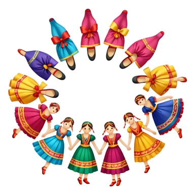 Icon for Folk Dance: close-up traditional dance dress, shoes, colorful folk costumes and a dance circle with ribbons. The icon should represent the vibrant and cultural aspects of folk dancing. Transparent background. sticker