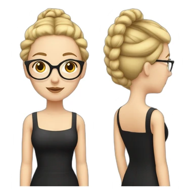 white woman with blonde pigtail braids and large dark rimmed glasses and a square neckline black dress sticker