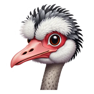 Full picture of an ostrich with black and white feathers on the body, fluffy grey head feathers, pinkish-red neck, and red legs. sticker