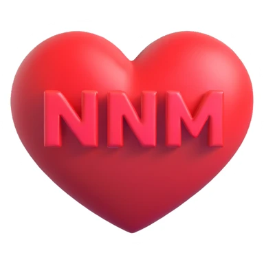 3D red heart with 'NM+CD' inside, playful cartoon font sticker