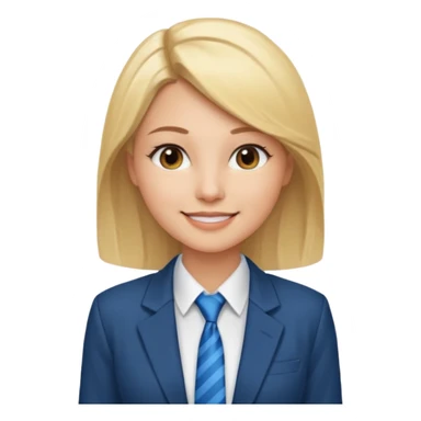 une femme blonde jolie avec des jolies traits avec une chemise blanche et une veste a manche longues et cravate bleu elle a les yeux marron sticker