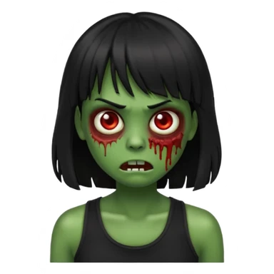 Zombie emoji with long black hair and bangs, with green skin, big red eyes, small nose, and a simple black tank top.  sticker