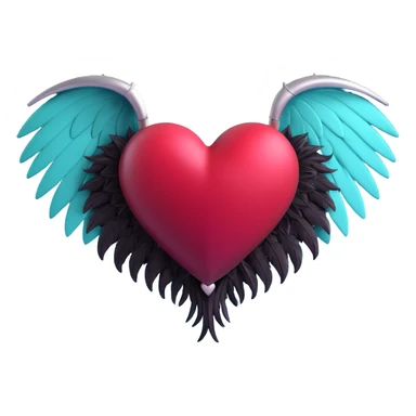 3D emoji gothic heart, dark crimson crystal, silver bat wings, feather details sticker