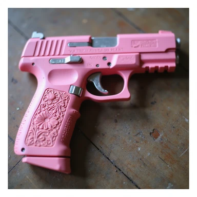 photorealistic pink pistol with custom floral engravings, no heart shapes or motifs, on a white background sticker