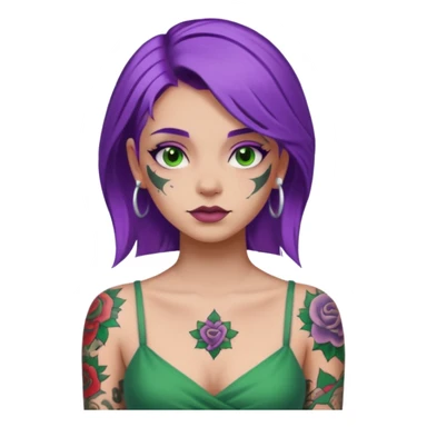 women with tatoos and hightlight that tatoos with purple hair and green dress sticker