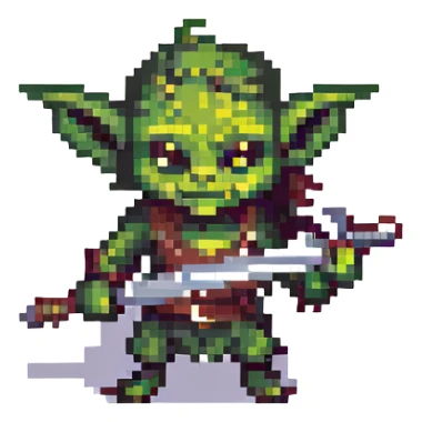 small goblin wielding a sword, pixel art style sticker