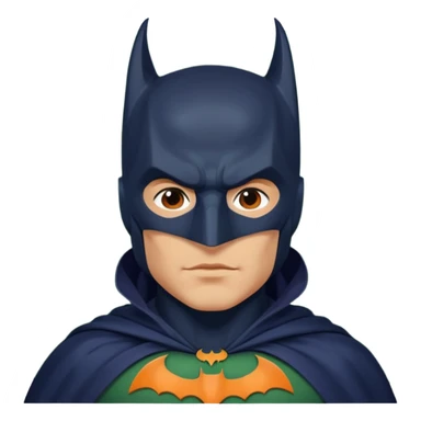 generate a batman emoji with just the face and neck showing and part of the cloak and and wings. Shade the bat logo on the chest in a medium green with a slight olive touch. Shade the mask in dark navy blue. Shade the cloak in a solid vibrant orange.

 sticker