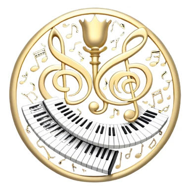 Create an elegant and festive emoji collage representing keyboard instruments, styled like a heraldic emblem. The design should feature a central focal point of black and white piano keys, arranged in a semi-circular or shield-like shape. Around the piano keys, add intertwining musical notes that form flowing ribbons, creating a dynamic and celebratory atmosphere. The design should be professional, with polished silver and gold accents on the keys and notes, highlighting the luxury and sophistication of the instruments. Add subtle shading and lighting effects to give the design a refined, 3D appearance. The background should remain transparent, and the overall feel should evoke grandeur, artistry, and a sense of celebration. sticker