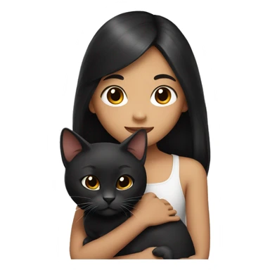 young girl with black long hair, oriental appearance, holds a dark brown cat in her arms sticker