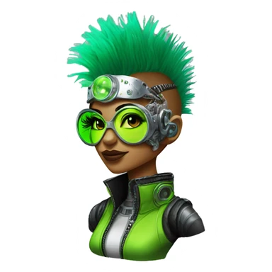 Neon green Mohawk hair Latina female cyborg head with silver steampunk goggles and circuits sticker