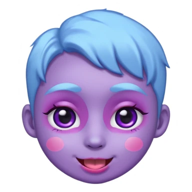 
de color azul claro brillante con manchas orgánicas en tonos morado y violeta.El rostro es expresivo y kawaii, con ojos grandes y brillantes, cejas pequeñas y una sonrisa abierta con lengua rosada. Estilo moderno, limpio y tierno, ideal como emoji, sticker o mascota digital.
 sticker