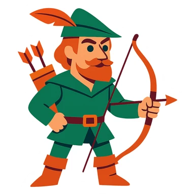 Robin Hood, classic English folk hero, wearing a green tunic and feathered cap, holding a bow, vibrant cartoon style sticker