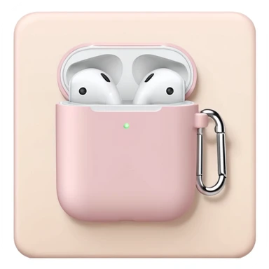 Pastel pink AirPods case on top of a beige travel journal, minimal setup sticker