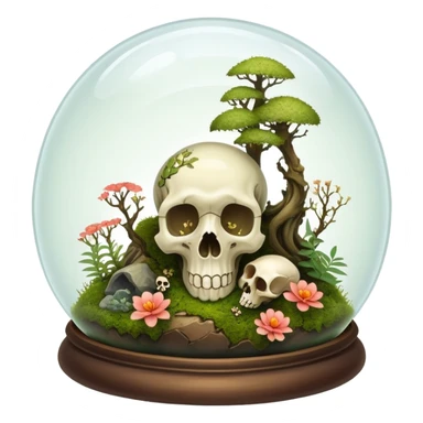 Mystical woodland glass-dome-terrarium-globe with moss inside, with and an animal-cadaver-creature-skull inside, and flowers inside  sticker